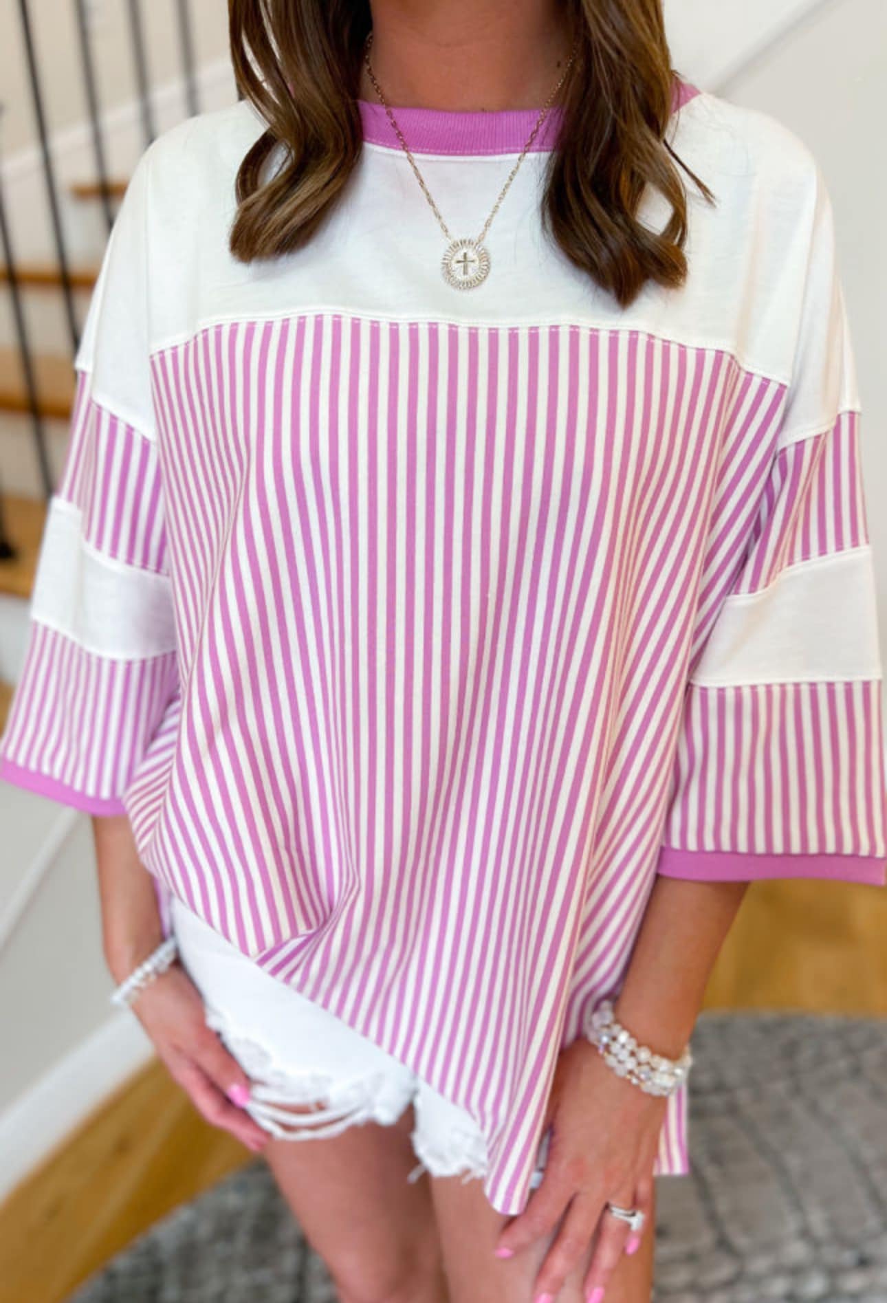 Pink Striped Patchwork Oversized Top
