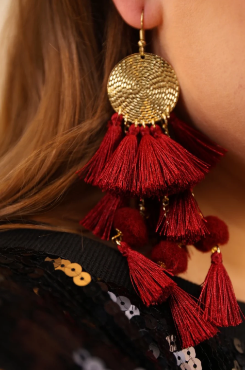 Maroon Tiered Tassel Earrings (In-Stock)