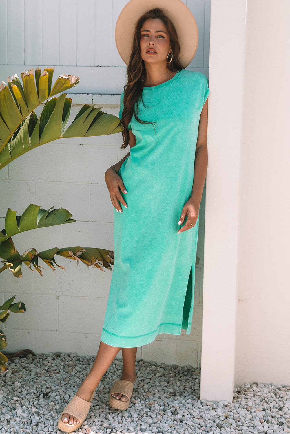 Mineral Wash Pocket Shirt Long Dress (Aqua)