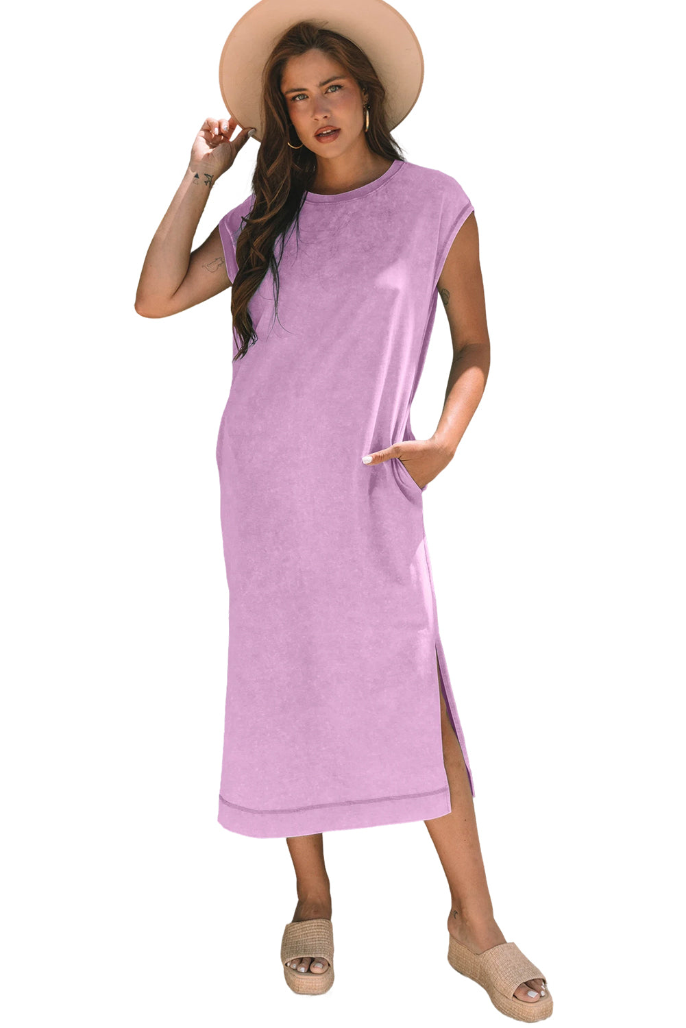 Mineral Wash Pocket Shirt Long Dress (Orchid)
