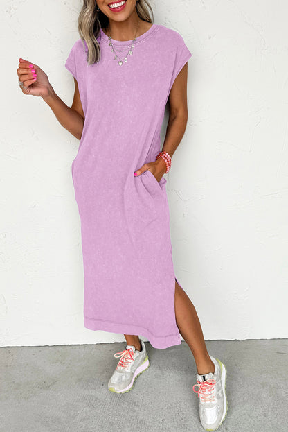 Mineral Wash Pocket Shirt Long Dress (Orchid)