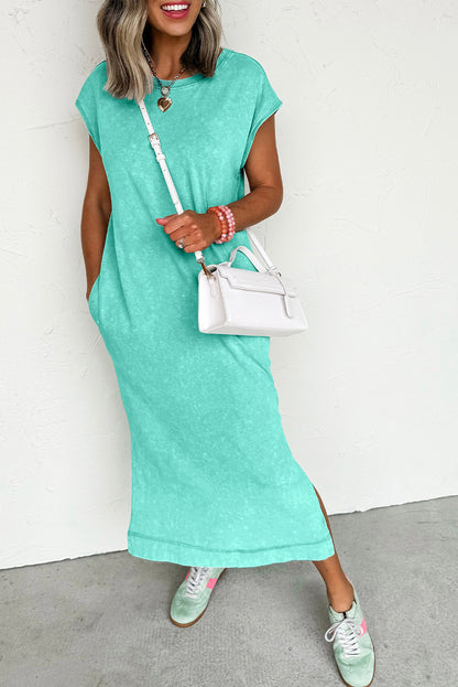 Mineral Wash Pocket Shirt Long Dress (Aqua)