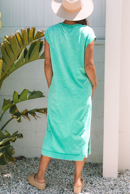 Mineral Wash Pocket Shirt Long Dress (Aqua)