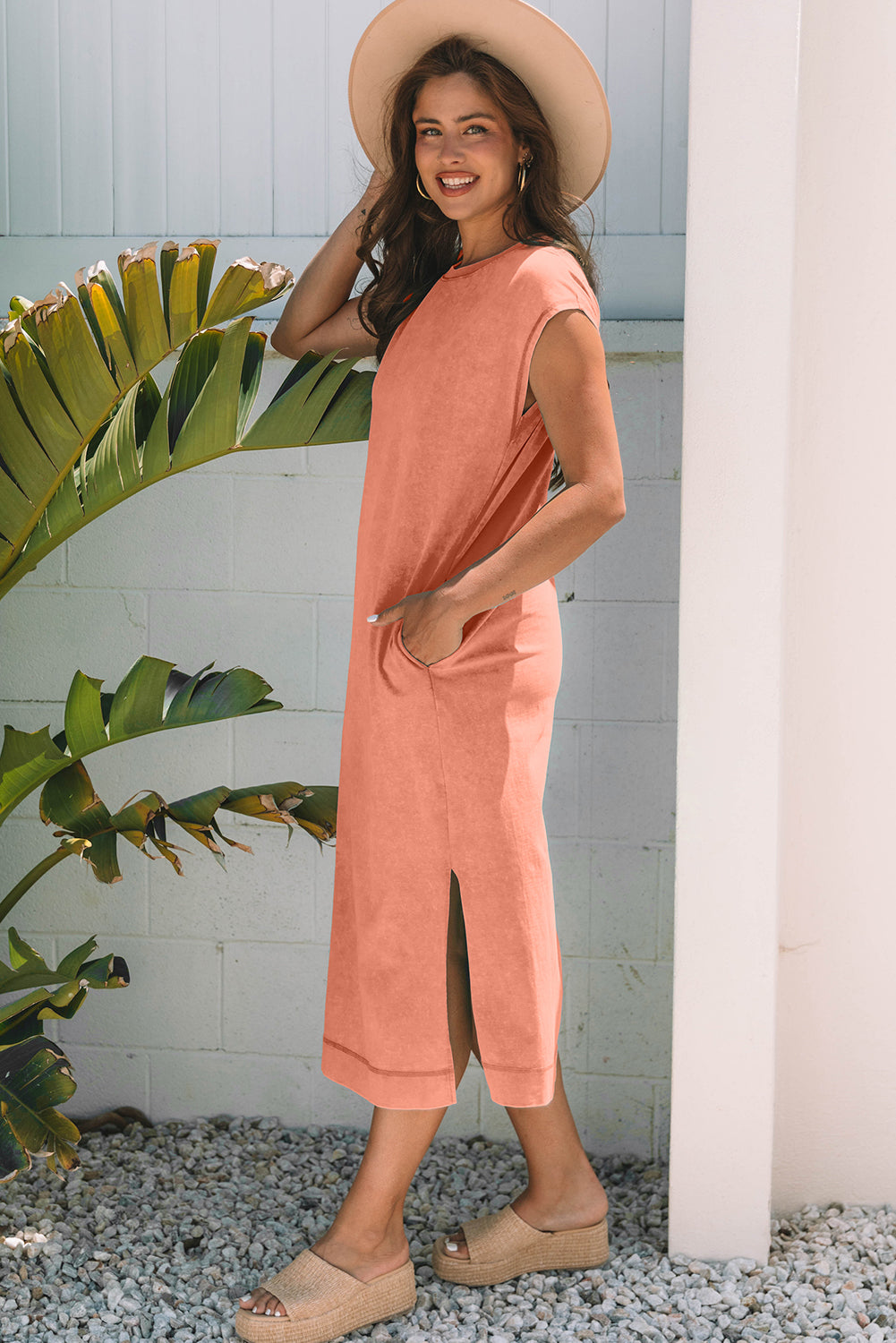 Mineral Wash Pocket Shirt Long Dress (Orange)