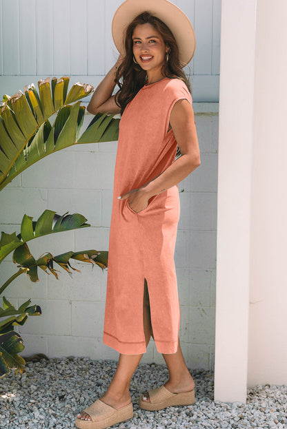 Mineral Wash Pocket Shirt Long Dress (Orange)