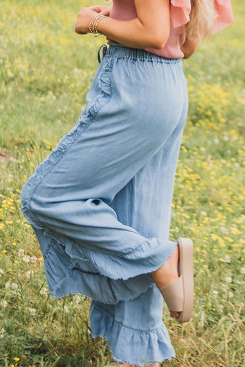 Light Wash Ruffled Wide Leg Jeans