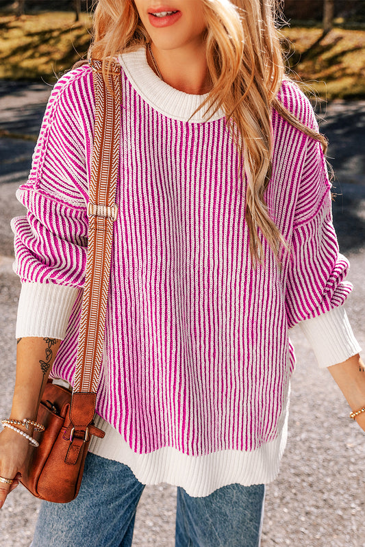 Pink Striped Knit Contrast Loose Sweater
