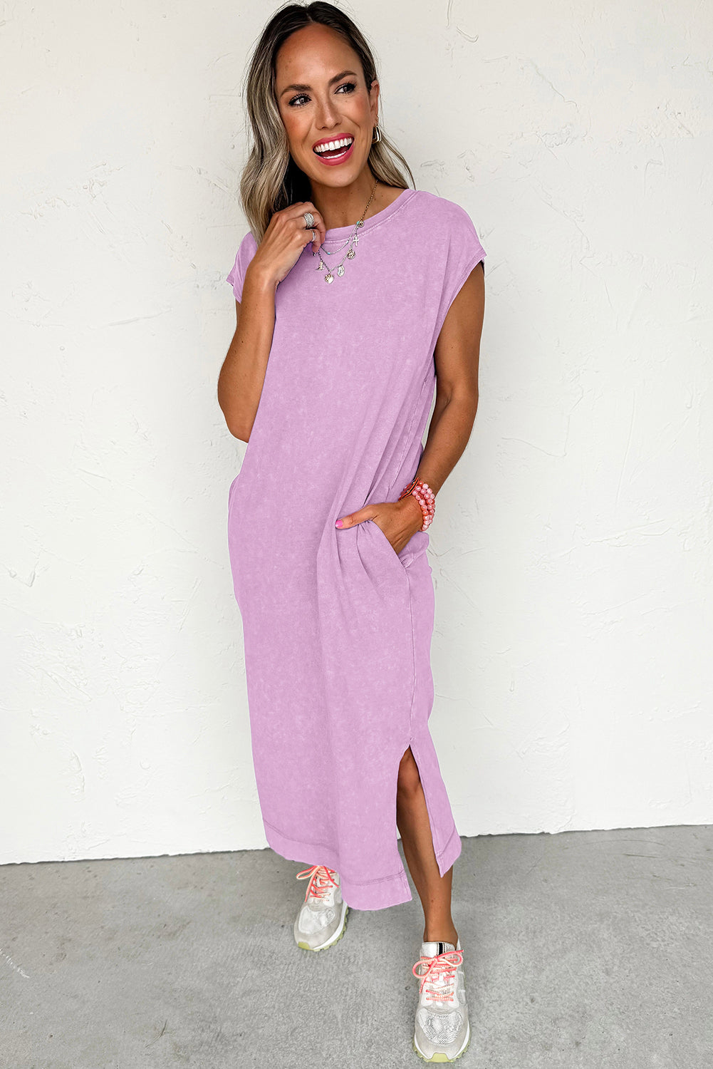 Mineral Wash Pocket Shirt Long Dress (Orchid)