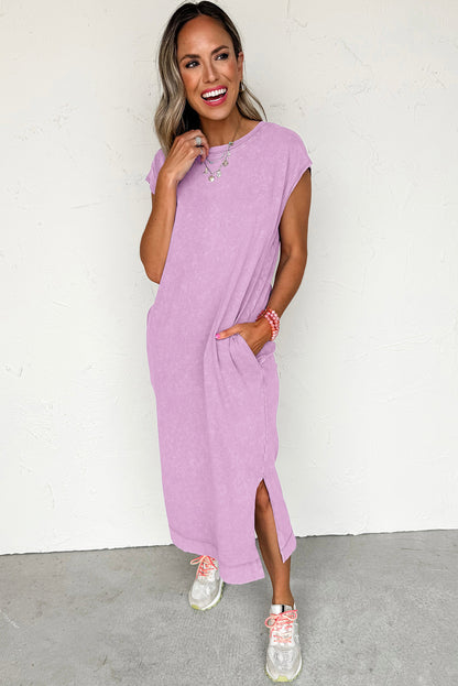 Mineral Wash Pocket Shirt Long Dress (Orchid)