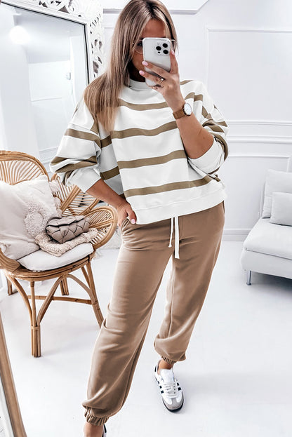 Beige Striped Drop Shoulder Pullover and Jogger Pants Set