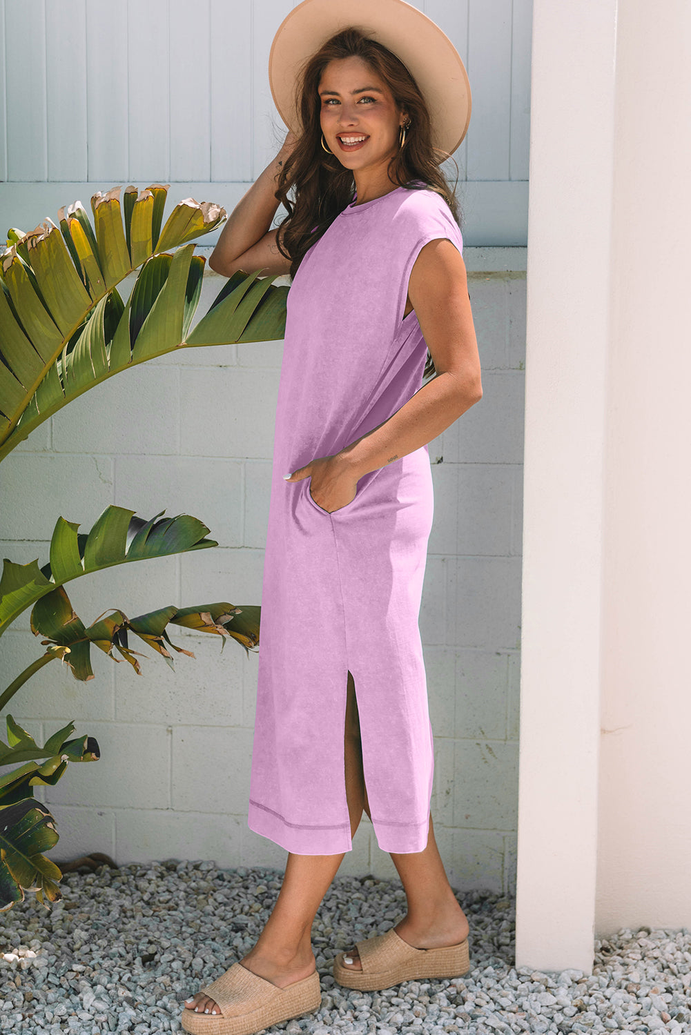 Mineral Wash Pocket Shirt Long Dress (Orchid)