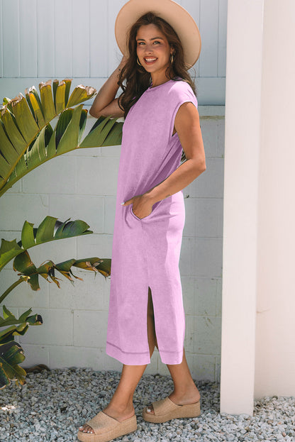 Mineral Wash Pocket Shirt Long Dress (Orchid)
