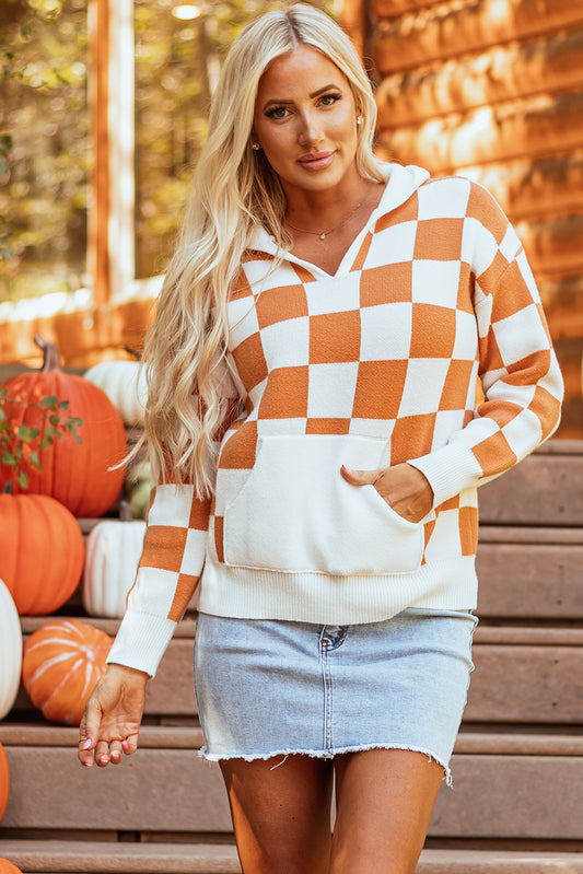 Orange Checkered Hooded Sweater
