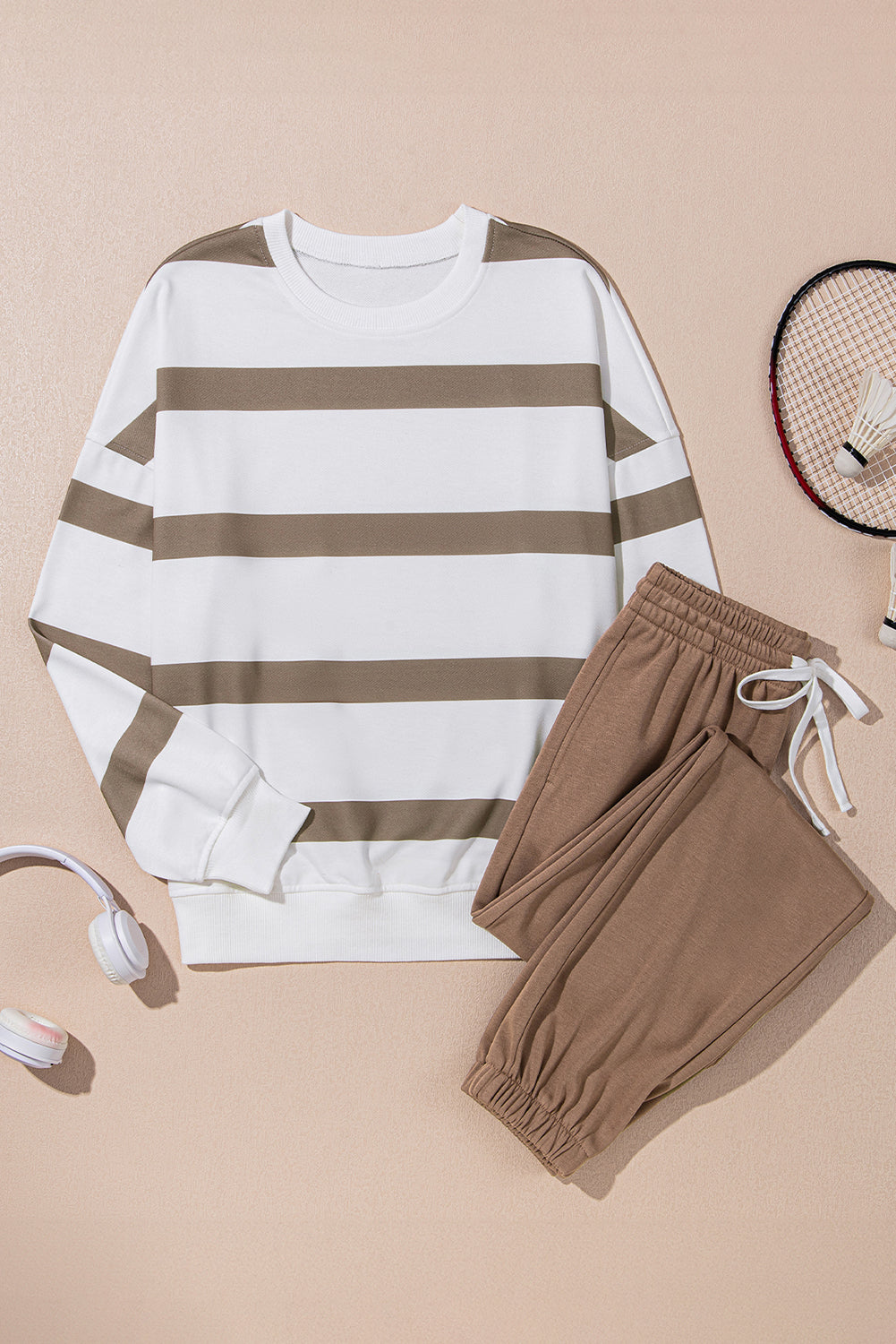 Beige Striped Drop Shoulder Pullover and Jogger Pants Set