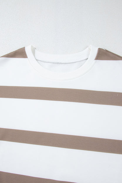 Beige Striped Drop Shoulder Pullover and Jogger Pants Set