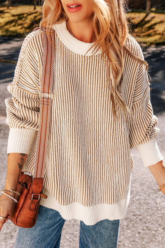 Beige Striped Knit Contrast Loose Sweater