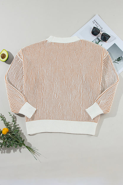 Beige Striped Knit Contrast Loose Sweater