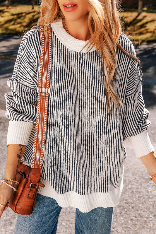 Black Striped Knit Contrast Loose Sweater