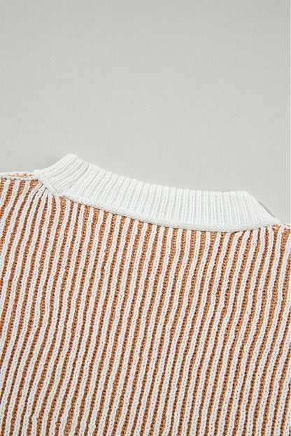 Beige Striped Knit Contrast Loose Sweater