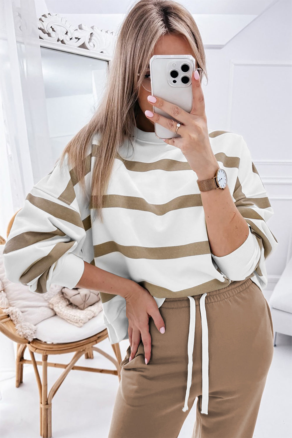Beige Striped Drop Shoulder Pullover and Jogger Pants Set
