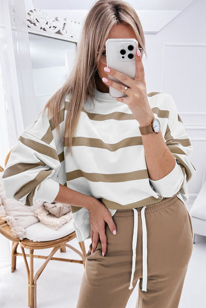 Beige Striped Drop Shoulder Pullover and Jogger Pants Set