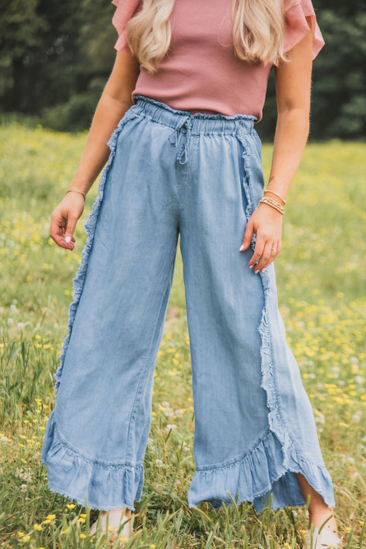 Light Wash Ruffled Wide Leg Jeans