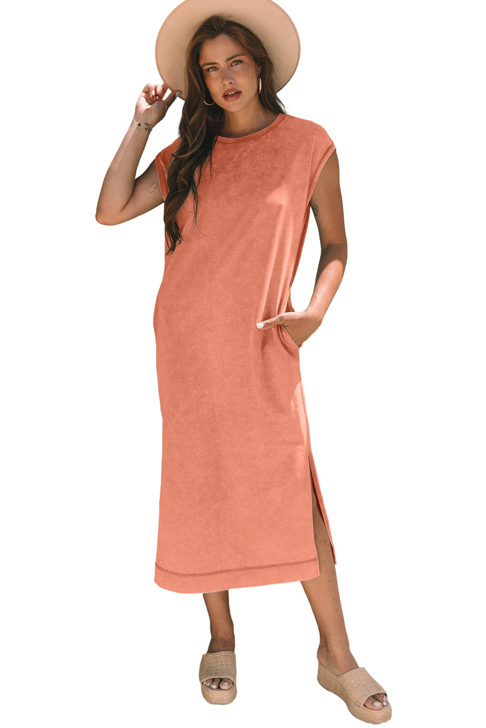 Mineral Wash Pocket Shirt Long Dress (Orange)