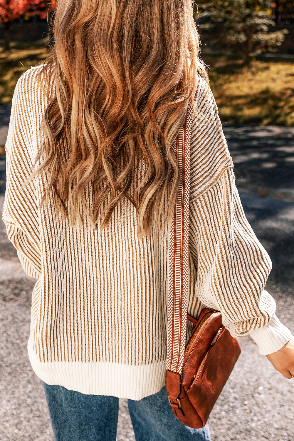 Beige Striped Knit Contrast Loose Sweater