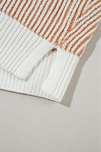 Beige Striped Knit Contrast Loose Sweater
