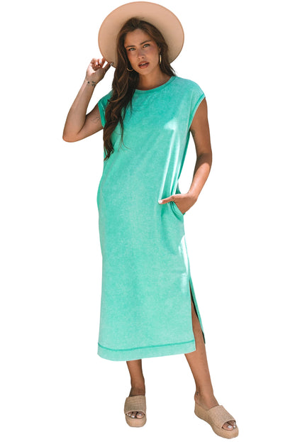 Mineral Wash Pocket Shirt Long Dress (Aqua)